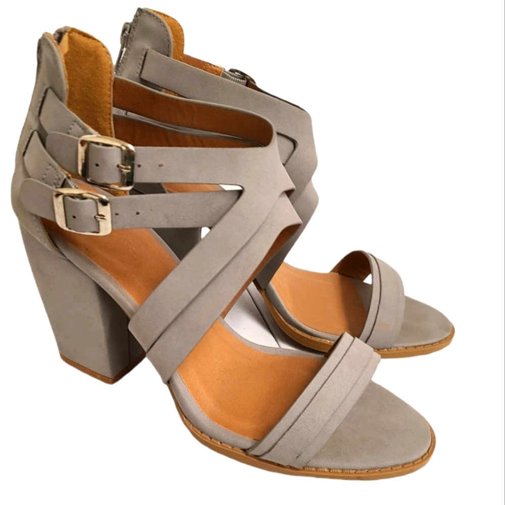 Gray Open Toe Ankle Strap Heels size 8